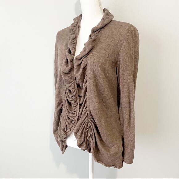 Lafayette 148 New York brown ruffled open cardigan linen cotton sweater medium - Picture 7 of 7